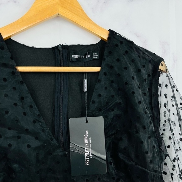 F033 PrettyLittleThing Black Polka Dot Organza Frill Hem Bodycon Dress - Picture 7 of 9